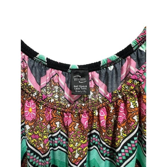 Win Win Top Womens Large Extra Large Sleeve Tunic‎ Pink Green Black White Lace - Picture 2 of 9